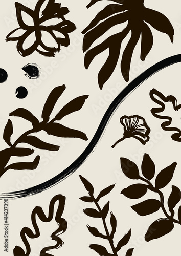 Wallpaper Mural Floral brush ink art on the beige background. Watercolor floral black silhouette. Abstract minimal wall art. Torontodigital.ca