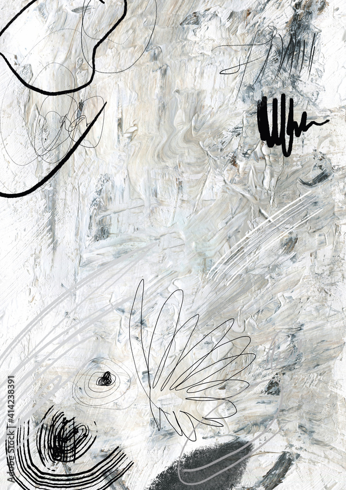 Obraz premium Acrylic abstract texture with black lines. Grunge craft background. Brushes strokes on paper.