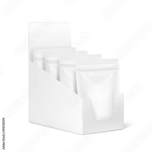 Show box with pouch packaging mockups for food, cosmetic and hygiene. Vector illustration on white background. Ready for your design. EPS10.