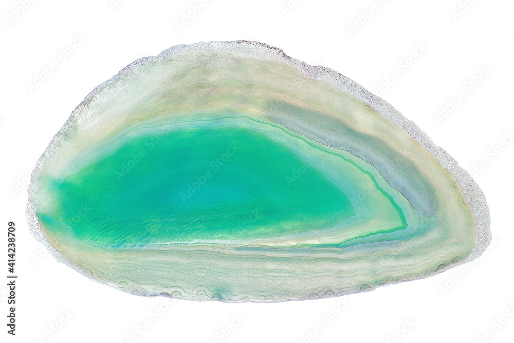 Amazing cross section of Green Agate Crystal cut isolated on white background. Natural translucent agate crystal surface, Green abstract structure slice mineral stone macro closeup Amazing cross section of Green Agate Crystal cut isolated on white background. Natural translucent agate crystal surface, Green abstract structure slice mineral stone macro closeup