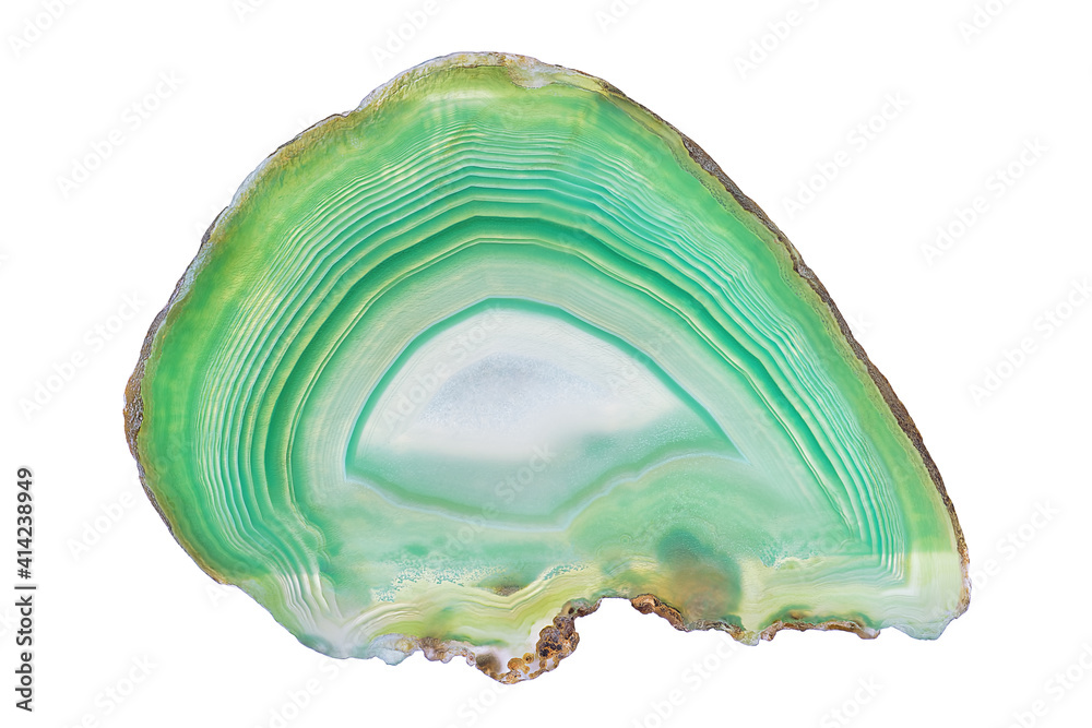 Amazing cross section of Green Agate Crystal cut isolated on white background. Natural translucent agate crystal surface, Green abstract structure slice mineral stone macro closeup - obrazy, fototapety, plakaty 