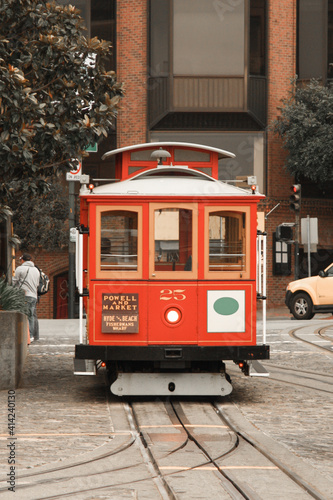 Historic red cable car in Friedel Klussmann Memorial Turnaround, Fisherman's wharf, San Francisco, California, United States of America aka USA