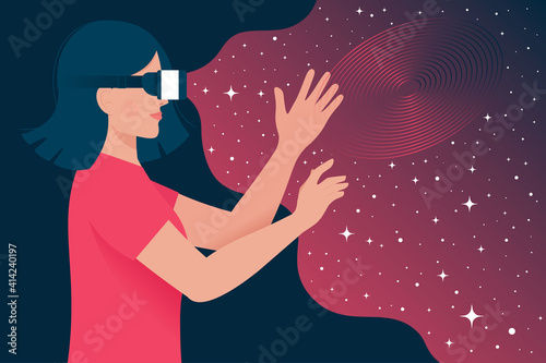 Woman in virtual reality headset. Concept of virtual reality, simulation, gaming and future technology. Vector illustration in flat style