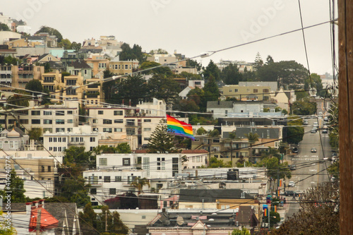 Panoramic shot of the rainbow flag in the Castro neighborhood, San Francisco - United States of America aka USA