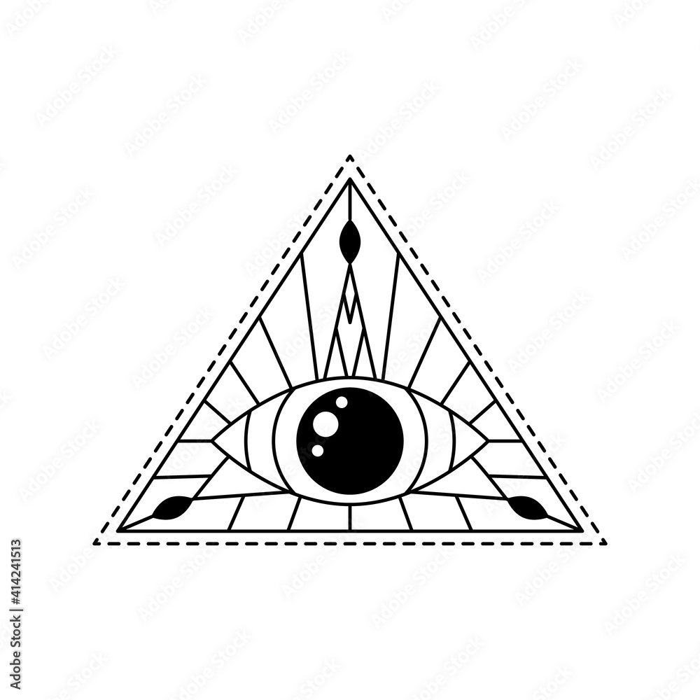 Vector illustration blackwork line art mystic eye tattoo. Providence sight  in triangle, amulet print. Geometric line mystical evil all seeing eye  symbol. Sacred geometry. Black and white esoteric sign Stock Vector
