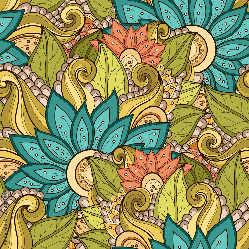 Seamless Pattern with Vintage Floral Motifs. Endless Texture with Flowers and Leaves. Nature Inspired Ornament. Swatch for Fabric Textile, Wrapping Paper, Wallpaper. Vector Contour Illustration