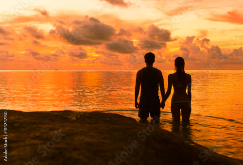 Man and woman standing together holding hand looking at a beautiful sunset. 