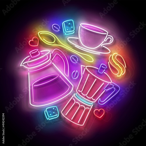 Glow Different Types of Coffee. Cafe Label. Cappuccino, Espresso, Americano, Turkish. Neon Poster, Flyer, Banner, Invitation. Glossy Background. Vector 3d Illustration