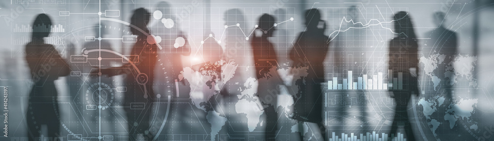 Financial dashboard with business intelligence. Background silhouettes and city Financial dashboard with business intelligence. Background silhouettes and city