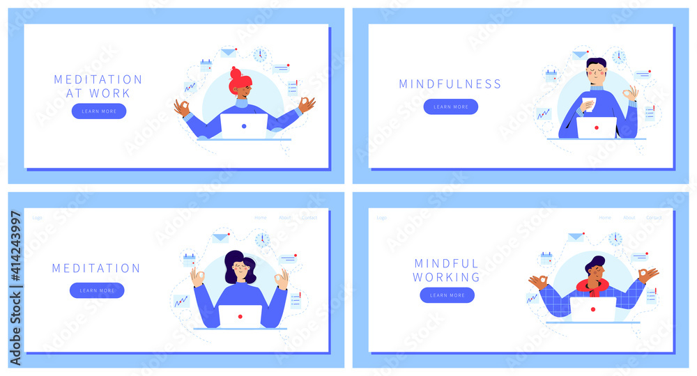 Set of landing pages with Business people Meditating at Workplace Sitting in front of laptop with calendar, clock, email, text message, documents on background. Office workers or freelancers relax.
