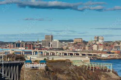 Canada, New Brunswick, Saint John. City skyline and the Reversing Falls Bridge.