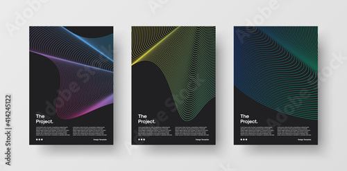 Modern Abstract Cover Designs with Geometric Wave Line Illustration in Bright Gradient Colours on Dark Background. Set of Creative Futuristic Cover Templates for Brochure, Poster, Branding, Banner.