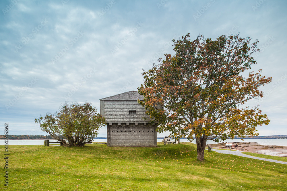 Canada, New Brunswick, Bay of Fundy, St. Andrews By-The-Sea. Exterior of St. Andrews Blockhouse, military fort from the War of 1812.