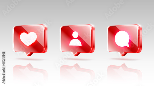 Hand like and chat icons set, sign follower 3d banner, best post social media. Vector