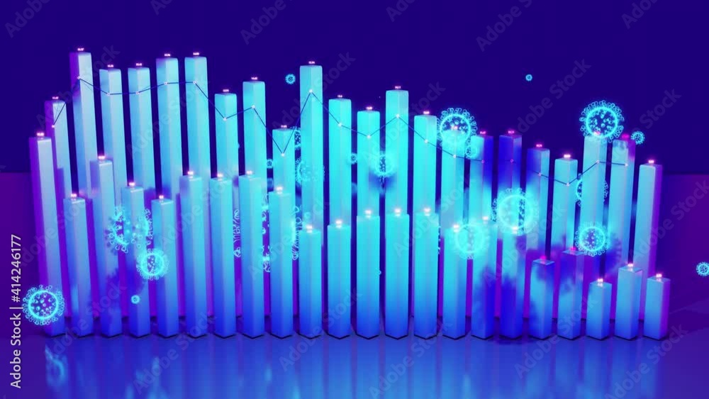 abstract graph of columns or bars around which coronaviruses like covid-19 fly. 3d infographic looping background in 4k. Numbers over columns, flowing animation. Fluctuations during pandemic abstract graph of columns or bars around which coronaviruses like covid-19 fly. 3d infographic looping background in 4k. Numbers over columns, flowing animation. Fluctuations during pandemic