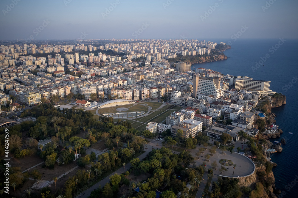 Sea coast with buildings on shore. Aerial panoramic view. Antalya, Turkey.