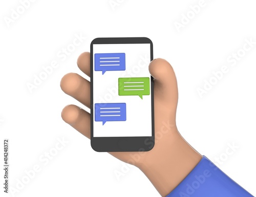Social network. Man hand holds a phone with chat online. Person use the Internet to communicate with friends. Isolated white background. 3D render model.
