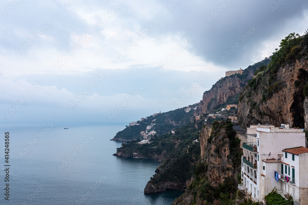 Rocky shore in world famous Amalfi coast. Campania, Italy.