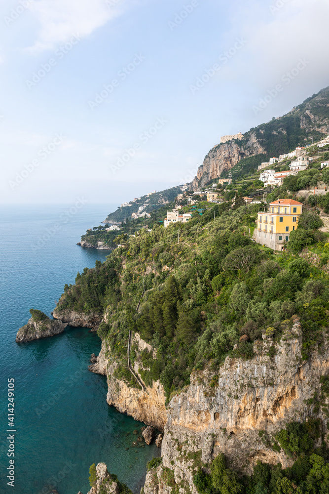Rocky shore in world famous Amalfi coast. Unesco. Campania, Italy.