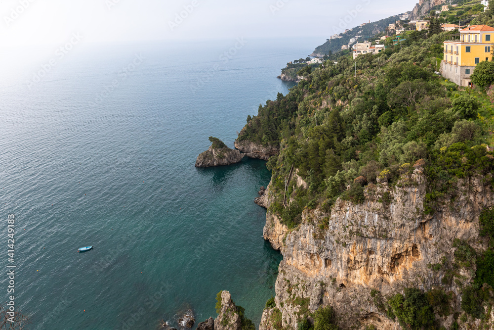 Rocky shore in world famous Amalfi coast. Unesco World heritage site. Campania, Italy.