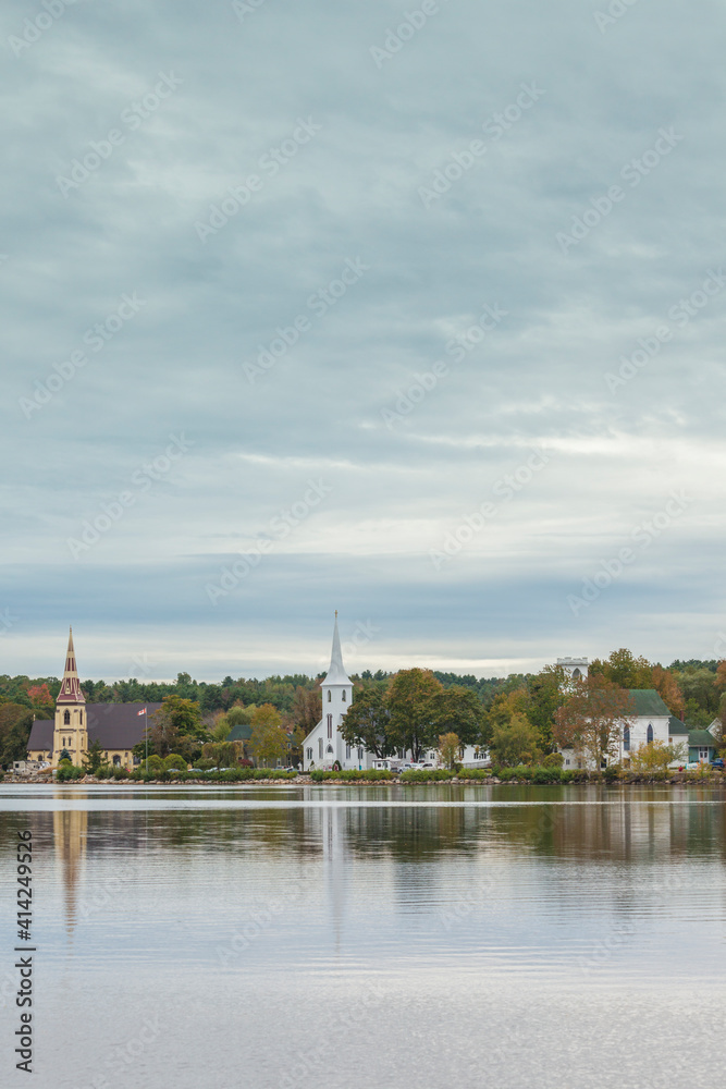 Canada, Nova Scotia, Mahone Bay. The town's three famous churches.