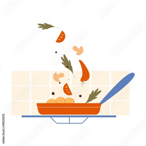Process of cooking in a fry pan. Vector illustration in flat style