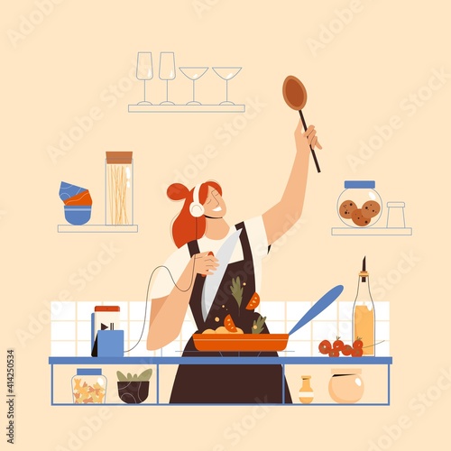 Cheerful woman wearing apron, cooking food in the kitchen, listening to music via smartphone with headphones. Kitchen utensils, fresh vegetables. Vector illustration in flat style