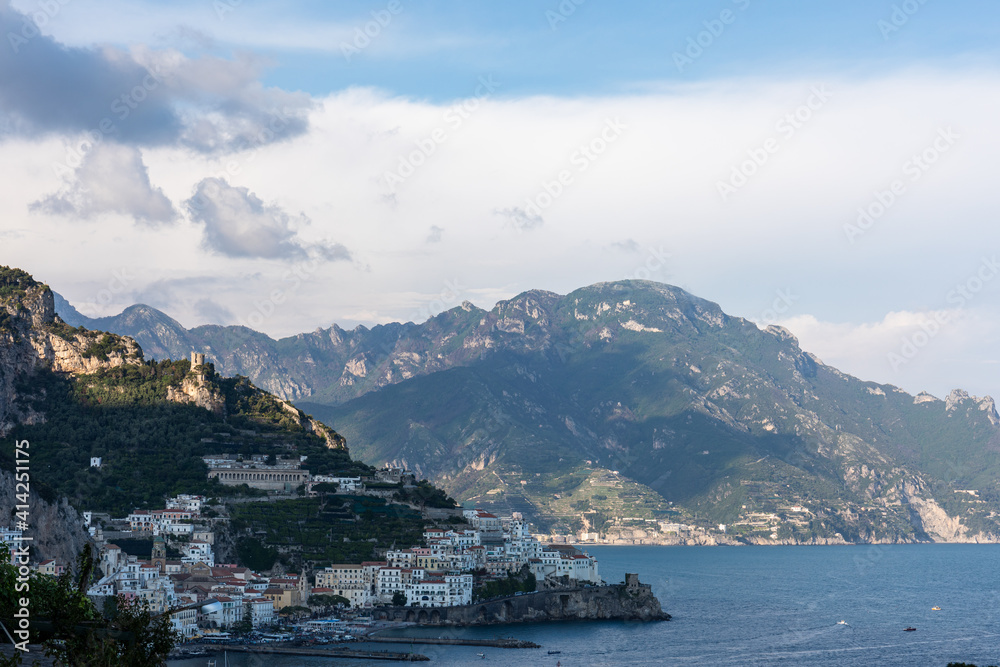 Rocky shore in world famous Amalfi coast. Unesco World heritage site. Campania, Italy.