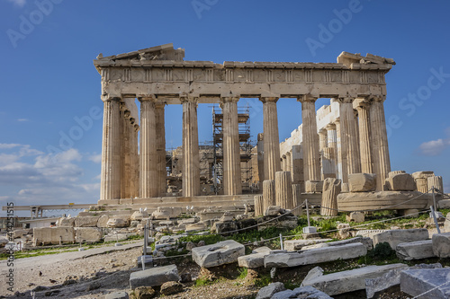 Picturesque view of Parthenon Temple (432 BC) dedicated to the goddess Athena at Acropolis hill. Athens, Greece.