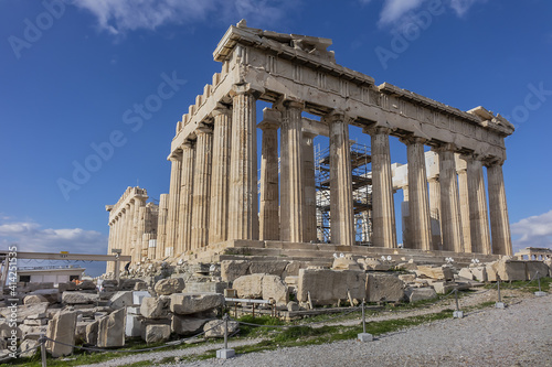 Picturesque view of Parthenon Temple (432 BC) dedicated to the goddess Athena at Acropolis hill. Athens, Greece.