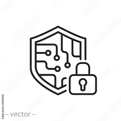 cyber security icon, data information protect, digital system safety, shield, padlock and circuit microchip, thin line web symbol on white background - editable stroke vector illustration eps10