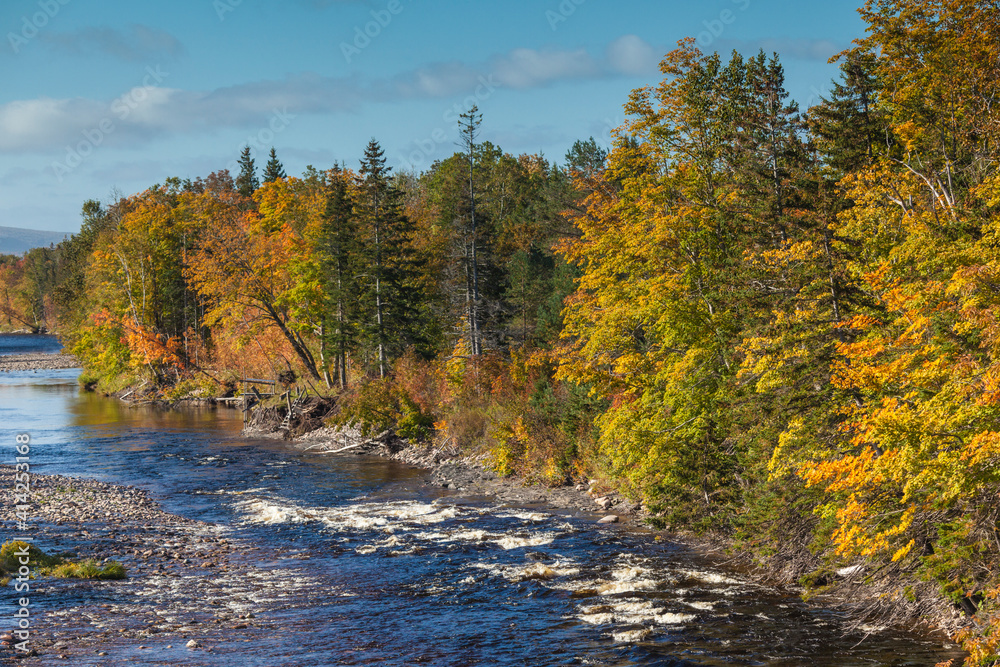 Canada, Nova Scotia, Margaree Centre. View of the Northeast Margaree River in autumn. Canada, Nova Scotia, Margaree Centre. View of the Northeast Margaree River in autumn.