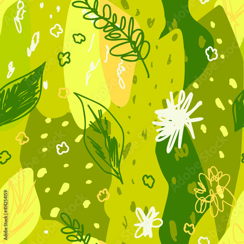 Abstract greenery seamless pattern with abstract botanical elemets in memphis style in bright green colors with spring summer positive vibes. Texture for print, fabric, textile, wallpaper.