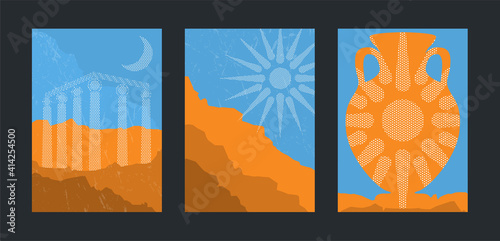 Old Greece mid century minimal art. Antique marble columns, old ruin of Greek city or Roman empire historical architecture. Moon and mountain. Vector background