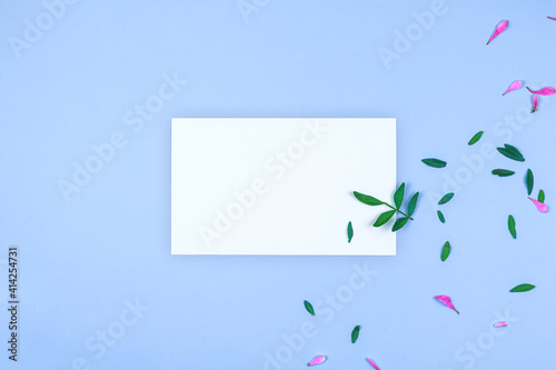 Mockup greeting card or layout, template with green leaves and floral petals, pastel blue background, flat lay and copy space workspace