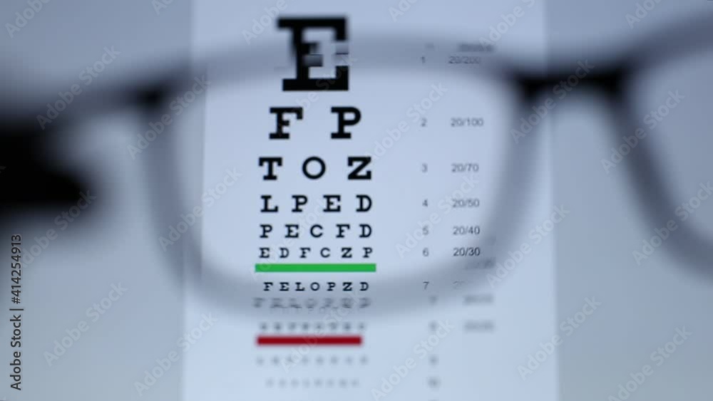 A person brings vision glasses to his eyes. Moving from out of focus to focus. View of the First person view on the vision test table.
