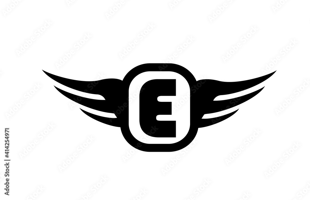 E alphabet letter logo for business and company with wings and black and white color. Corporate brading and lettering icon with simple design E alphabet letter logo for business and company with wings and black and white color. Corporate brading and lettering icon with simple design