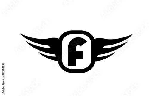 F alphabet letter logo for business and company with wings and black and white color. Corporate brading and lettering icon with simple design photo