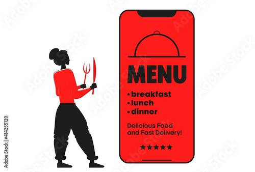 Online food ordering and delivery flat concept vector illustration. Fast food and healthy nutrition order services. 