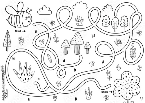 Black and white maze game for kids. Help the cute bee find the way to the flower. Printable labyrinth activity for children. Vector illustration