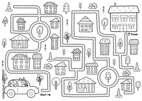Black and white maze game for kids. Help the cute rabbit and fox drive to home. Printable labyrinth activity for children. Vector illustration