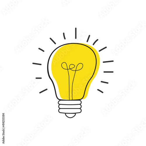 Hand drawn Vector light bulb icon with concept of idea. brainstorm and teamwork. Great idea eureka icon concept. Doodle hand drawn sign. Stock Vector illustration isolated on white background.