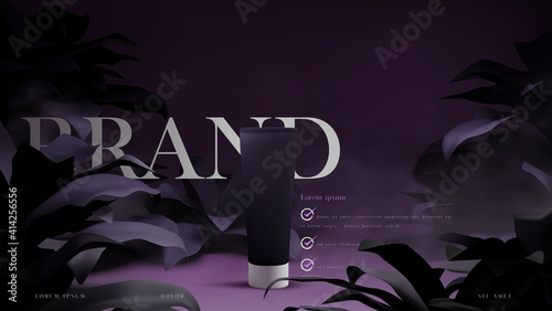 Luxury cosmetic bottle mockup ads, branding, showcase, presentation template with dark elegant tropical leaves foliage scene vector illustration