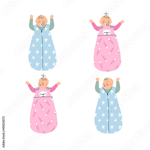Two boys and two girls are sleeping in cute and cozy sleeping sacks. Four babies in sleeping bags. Vector illustration