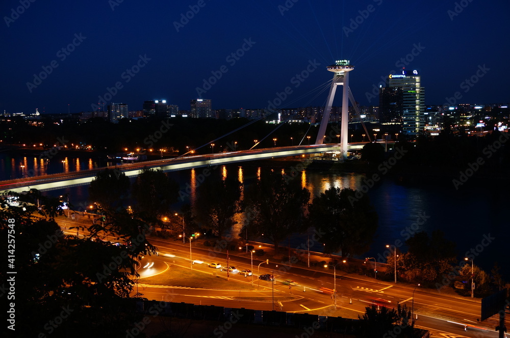 UFO tower and Bridge SNP over Danube river in Slovak capital city Bratislava at night