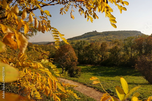 Picture of a beautiful autumn landscape in Pálava protected landscape area in Czechia, framed by yellow leaves