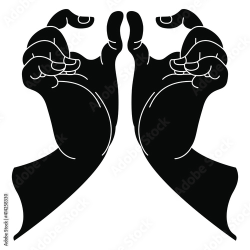 Symmetrical design with two human hands in pinching gesture. Oriental Asian style. Black and white silhouette.