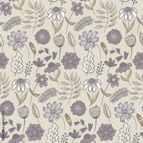 Cute pale purple and orange colors doodle floral seamless pattern with flowers and leaves. Childish texture with blossoms and herbs for textile, wrapping paper, surface, wallpaper, background