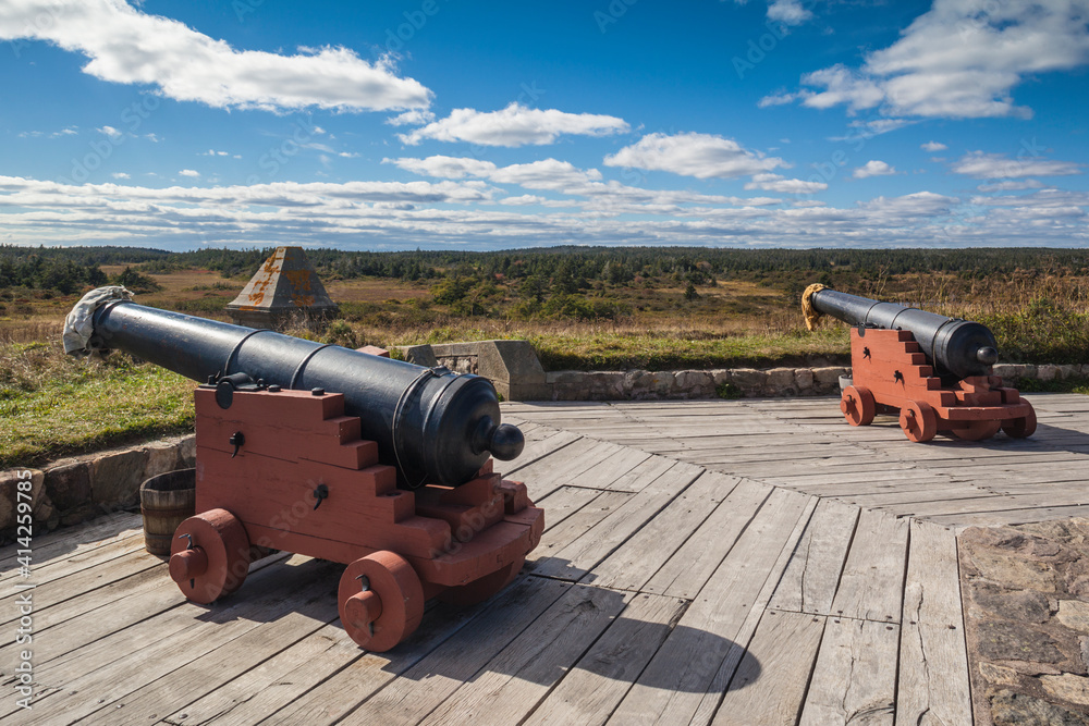 Canada, Nova Scotia, Louisbourg. Cannons at Fortress of Louisbourg National Historic Park.