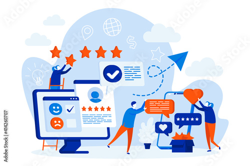 Best feedback web design concept with people characters. Online customers opinion scene. Social media marketing composition in flat style. Vector illustration for social media promotional materials.